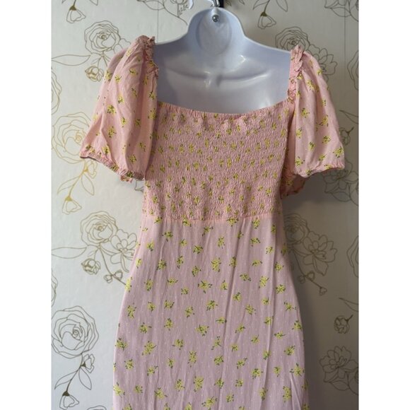 Faithfull the Brand Dress Size 6 Medium Pink Daisy Floral Puff Sleeve  Midi 036 - Picture 3 of 8